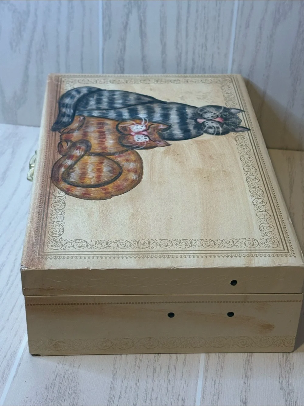Vintage Jewelry Box Faux Leather Handpainted Cat Design
